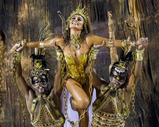 Model Juliana Paesthe of Viradouro samba school participates in the annual carnival parade in Rio de Janeiro's Sambadrome