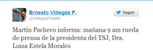 Villegas: Luisa Estela Morales dará rueda de prensa este miércoles