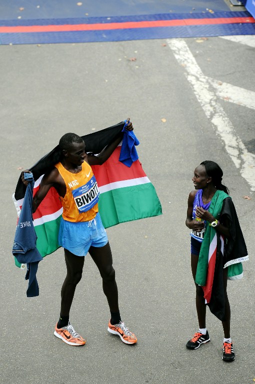 NEW YORK, NY - NOVEMBER 01: Men's winner Stanley Biwott of Kenya (L) and Women's winner Mary Keitany of Kenya at TAG Heuer Official Timekeeper and Timepiece of 2015 TCS New York City Marathon on November 1, 2015 in New York City.   Craig Barritt/Getty Images for TAG Heuer/AFP