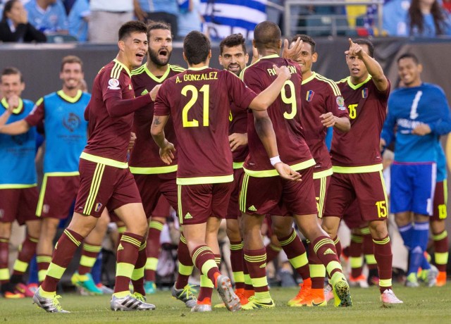 Jun 9, 2016; Philadelphia, PA, USA; Venezuela celebrates forward Jose Salomon Rondon (9) goal against Uruguay during the first half of a group play stage of the 2016 Copa America Centenario at Lincoln Financial Field. Mandatory Credit: Bill Streicher-USA TODAY Sports