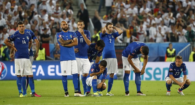 Football Soccer - Germany v Italy - EURO 2016 - Quarter Final - Stade de Bordeaux, Bordeaux, France - 2/7/16 Italy players react after the penalty shootout REUTERS/Christian Hartmann Livepic