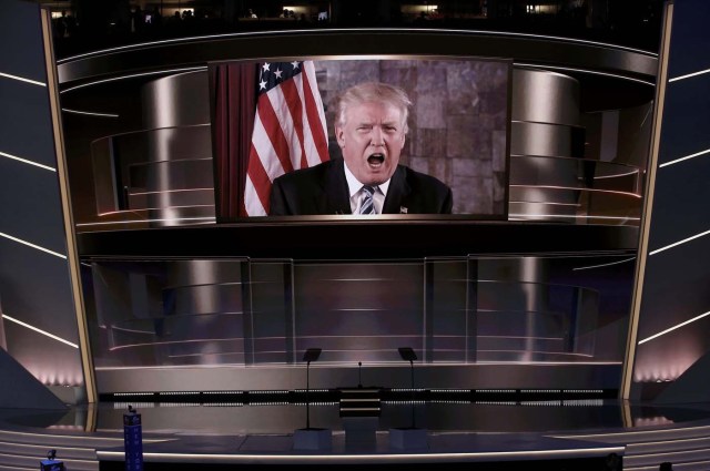 Republican U.S. presidential nominee Donald Trump speaks live via satellite from Trump Tower in New York City during the second session at the Republican National Convention in Cleveland, Ohio, U.S. July 19, 2016. REUTERS/Mike Segar TPX IMAGES OF THE DAY