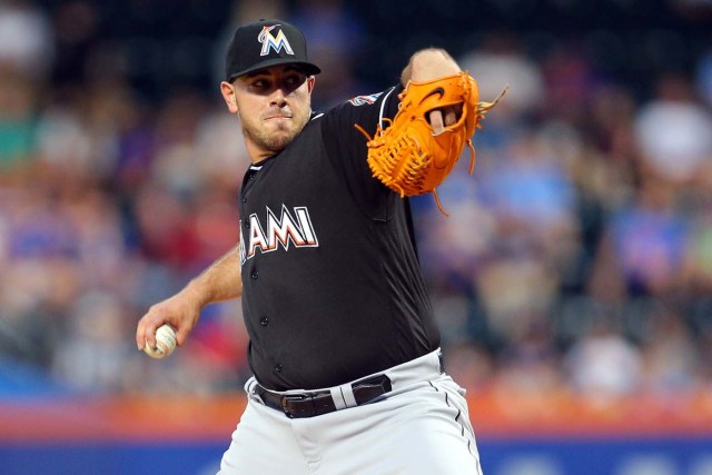 Aug 29, 2016; New York City, NY, USA; Miami Marlins starting pitcher Jose Fernandez (16) pitches against the New York Mets during the first inning at Citi Field. Mandatory Credit: Brad Penner-USA TODAY Sports