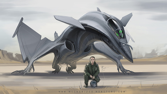 Un 'aerosaurio' y su piloto. La artista intenta demostrar el vínculo leal existente entre los humanos y las máquinas que, según ella, son más que "metal y tuercas".