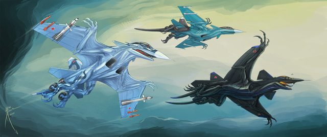 Estos tres reptiles voladores biomecánicos están inspirados en tres bombarderos rusos. De izquierda a derecha, el Su-33, Su-34 y el Su-47.