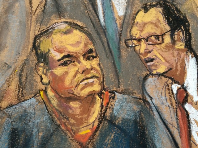 Joaquin "El Chapo" Guzman (L) is shown with an interpreter in this courtroom sketch in the Brooklyn borough of New York City, New York, U.S., February 3, 2017. REUTERS/Jane Rosenberg EDITORIAL USE ONLY. NO RESALES. NO ARCHIVE