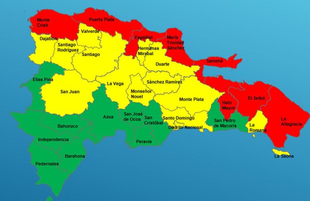 Mapa de la República Dominicana con las provincias en alerta verde, amarilla y roja (Acento.com.do/)