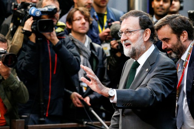 Spain's Prime Minister Mariano Rajoy arrives at a European Union leaders summit in Brussels, Belgium October 20, 2017. REUTERS/Geoffroy Van Der Hasselt NO RESALES. NO ARCHIVES