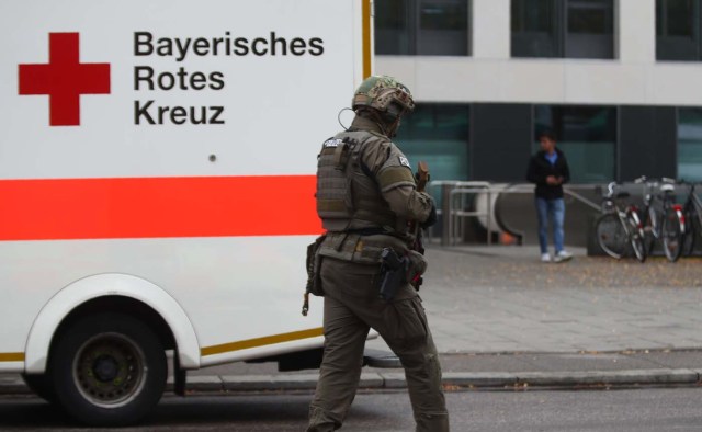 A special German police officer is pictured at the site where earlier a man injured several people in a knife attack in Munich, Germany, October 21, 2017.