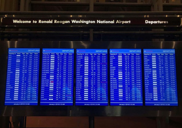 A departure board at Ronald Reagan airport, near Washington, DC, posts several cancelled flights early January 4, 2018 as winter storm Grayson sets in on the East Coast. The National Weather Service said the rapidly deepening area of low pressure off Florida's east coast will move northeastward bringing snow to the southern mid-Atlantic coast and then to New England as it moves towards the Canadian Maritimes by Friday. / AFP PHOTO / Daniel SLIM