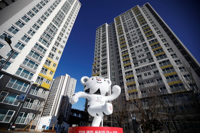 The 2018 PyeongChang Winter Olympics mascot Soohorang stands at the Gangneung Olympic Village in Gangneung, South Korea January 25, 2018. REUTERS/Kim Hong-Ji