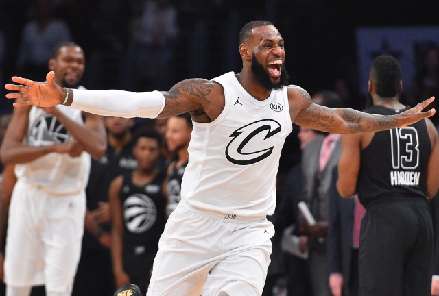 February 18, 2018; Los Angeles, CA, USA; Team LeBron forward LeBron James of the Cleveland Cavaliers (23) celebrates the victory against Team Stephen following the 2018 NBA All Star Game at Staples Center. Mandatory Credit: Bob Donnan-USA TODAY Sports