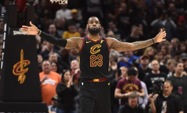 Apr 29, 2018; Cleveland, OH, USA; Cleveland Cavaliers forward LeBron James (23) signals to his team to not defend the Indiana Pacers late in the second half in game seven of the first round of the 2018 NBA Playoffs at Quicken Loans Arena. Mandatory Credit: Ken Blaze-USA TODAY Sports