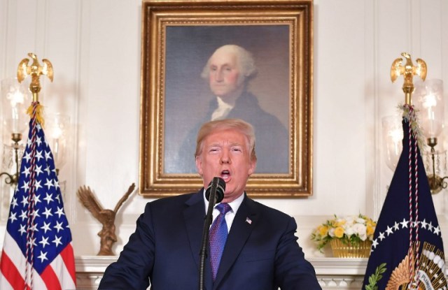 US President Donald Trump addresses the nation on the situation in Syria April 13, 2018 at the White House in Washington, DC. Trump said strikes on Syria are under way.  / AFP PHOTO / Mandel NGAN