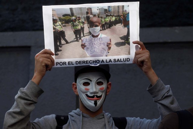 Un ciudadano venezolano que vive en Argentina participa en una protesta frente a la embajada de Venezuela durante las elecciones presidenciales en Venezuela, en Buenos Aires, Argentina el 20 de mayo de 2018. El cartel dice: "Por el derecho a la salud". REUTERS / Martin Acos