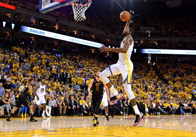 May 31, 2018; Oakland, CA, USA; Golden State Warriors forward Kevin Durant (35) dunks the ball against the Cleveland Cavaliers during the third quarter in game one of the 2018 NBA Finals at Oracle Arena. Mandatory Credit: Kyle Terada-USA TODAY Sports