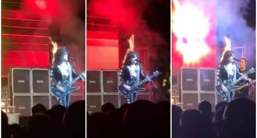 El VIDEO del momento en el que se le incendia el cabello a un rockero en pleno concierto