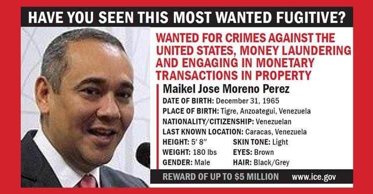 “¿Has visto a este fugitivo?” EEUU revela el cartel de Maikel Moreno como uno de los más buscados (FOTO)
