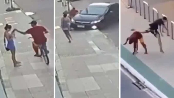 Todo quedó grabado: Hombre se da cuenta del robo a su novia y arrolla al delincuente (VIDEO)