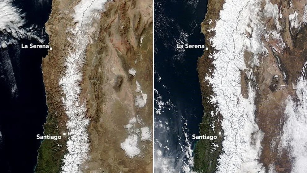 La Nasa publicó sorprendentes fotos de las fuertes nevadas en Chile