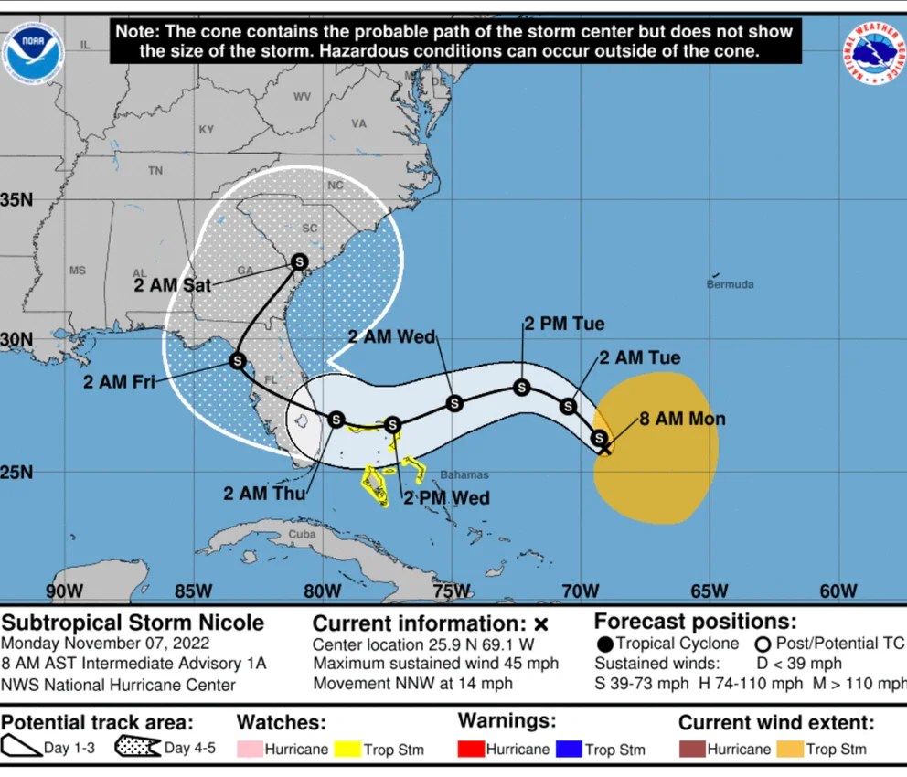 El sur de la Florida se prepara tras la formación de la tormenta subtropical Nicole al noroeste de Bahamas